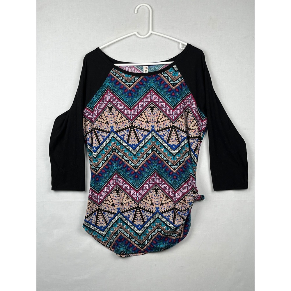 B&B Boutique Geometric Raglan Top Womens XL 3/4 Sleeve Side Knot Blouse Black
